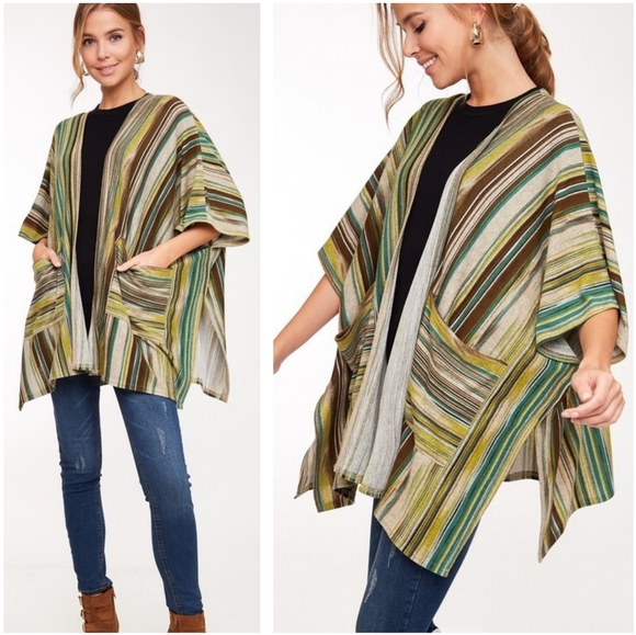 Sweaters - Striped color block knit cardigan with pockets